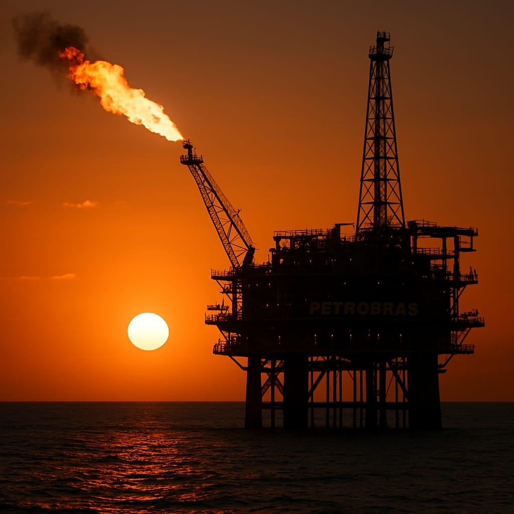 Plataforma de petróleo ao anoitecer vista de longa distância
